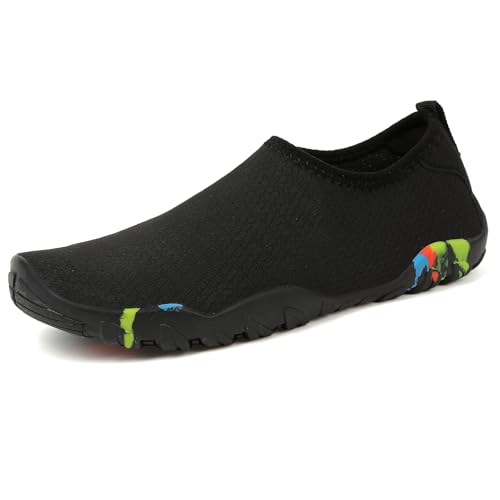 Dacnakby Water Shoes Quick Dry Slip-On Barefoot Athletic Shoes Mesh Aqua Socks with Colorful Sole Lightweight Swim Beach Pool Sand Diving Walking Shoes (Black, Adult, Men, 7, Numeric, US Footwear Size System, Medium)