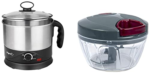 Pigeon By Stovekraft Kessel 1.2-Litre Multi-Purpose Kettle (Silver) 600W, Black & Pigeon By Stovekraft Handy Mini Plastic Chopper With 3 Blades, Grey, 1.2 Liter, 600 Watt