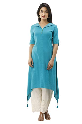 Image of FABRIC FITOOR Women's Cotton Slub Solid Teal Blue Color Embroidered Asymmetric Half Sleeve Kurta