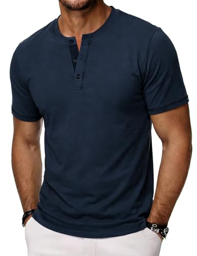 Wayleb Henley T Shirt Herren aus Baumwolle Elasthan Kurzarm Sommer Shirt mit Knopfleiste Weich Elastisch Casual L