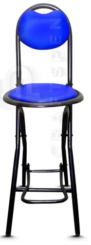 New 24-inch Seating Height Strong Heavy Duty Folding Stool Chair with Foot Rest & Higher Height for Women Kitchen/Office/Breakfast/Bar & Club/Padded Blue (Set of1, Metal)