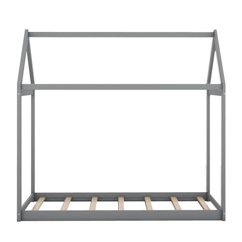 Bellemave Twin House Bed for Kids, Pine Wood House Floor Bed, Montessori beds for Kids, Gray（Pine Wood）