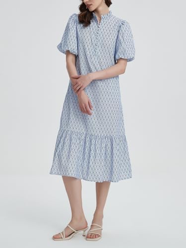 Image of Summer Floral Midi Dress for Women Spring Puff Short Sleeve Button Down Flowy Boho Dresses