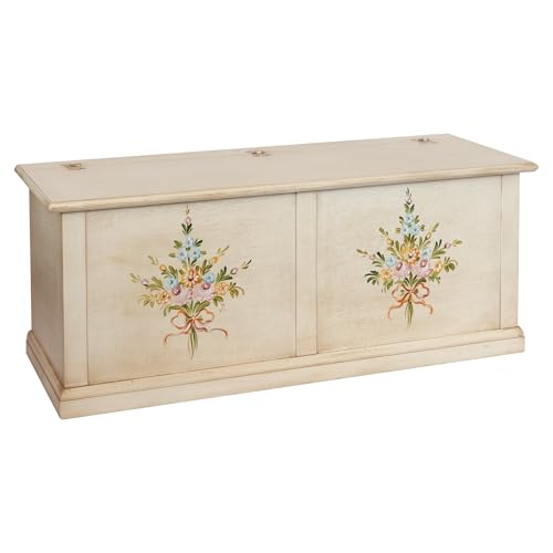 Vicentini arreda CASSAPANCA BAULE IN LEGNO SHABBY CHIC AP BIANCO ANTICATO DECORATO CON FIORI