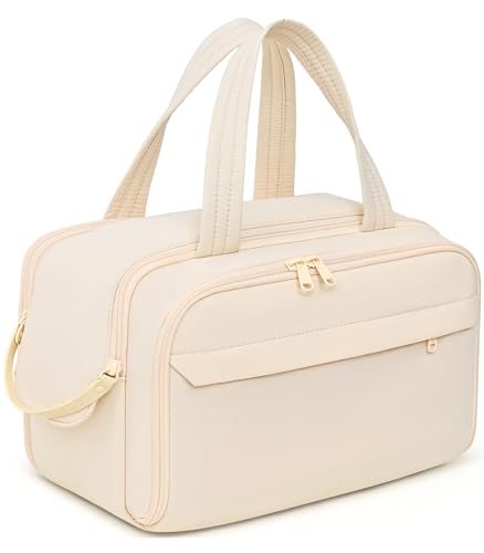 Travel Toiletry Bag, Lightweight Large Wide-open Toiletry Bag for Women, Puffy Makeup Bag with Handle, Carry-on Wet and Dry Travel Cosmetic Bag For Accessories, Essentials, Toiletries, Beige