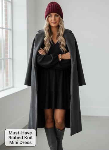 Image of Dokotoo Womens Dresses Long Sleeve V Neck Lightweight Ribbed Knit Empire Waist Casual A Line Swing Mini Dress