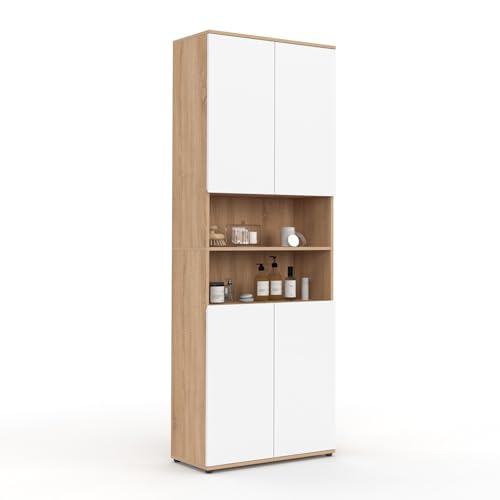 IDMarket - Meuble Armoire Colonne Salle de Bain TOMI 4 Portes 2 niches façon hêtre et Blanc