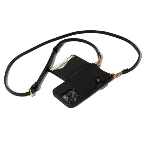Bandolier Mila Crossbody Wallet Phone Case [MagSafe Compatible] for iPhone 15 Pro Max. 100% Genuine Pebble Leather. Adjustable & Removable Strap. Black with Gold Hardware