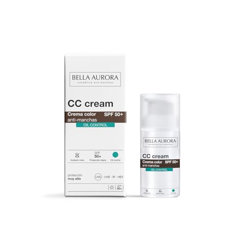 BELLA AURORA - CC Cream Antimanchas Oil Control SPF50+ 30 ml, Protector Solar Antimanchas, Crema Color Antimanchas, para Pieles con Brillo o Mixtas-Grasas, Crema Solar Facial, Textura Ultraligera