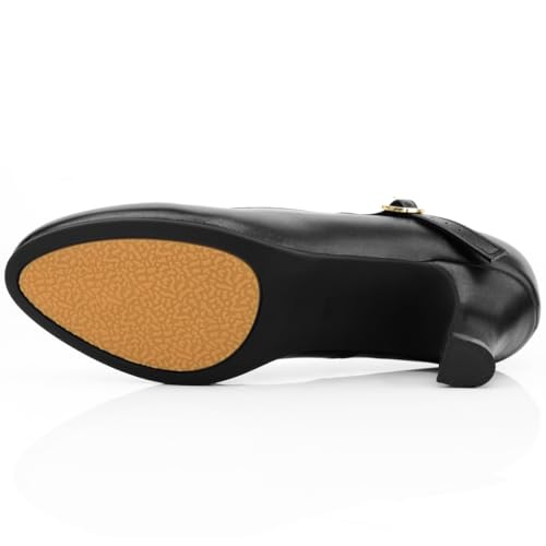 Keemi Women's Black Character Shoes Leather Ankle Strap Dance Heels Dance Shoes for Latin Salsa Tango,2.3"4