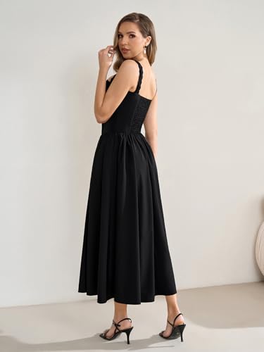 Image of KUTUMAI Women Summer Corset Midi Floral Wedding Guest Dresses with Pockets | Lace Neck, Smocked Back, Flowy A Line Sundress for 2026 Engagement Photoshoot Bridal Shower Garden Party