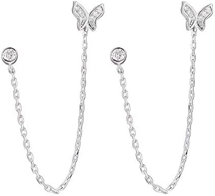 Double Holes Butterfly Halo CZ Small Stud Cuff Wrap Tassel Chain Crawler Climer Dangle Drop Earrings for Women Teen Girls Cartilage S925 Sterling Silver Piercing Animal Jewelry Gifts Daughter Sister
