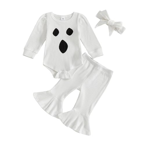 Socutebabe My First Halloween Baby Girl Outfit Newborn Ghost Onesie Bell Bottoms Infant 1st Halloween Clothes Costume Sets (Boo Spooky Ghost White Newborn)