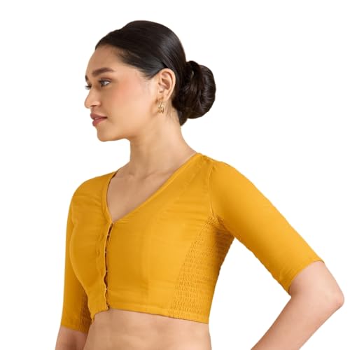 Image of Studio Shringaar Women's Thick Handloom Cotton Plain Side Stretch (Smocked) Readymade Saree Blouse