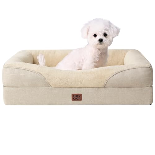 EHEYCIGA 犬 ベッド ペット 犬用ベッド 洗える 防水 猫 ベッド 高反発 S 小型犬 中型犬 クッション 取り外せるカバー 滑り止め （ベージュ, 61x45x15cm）