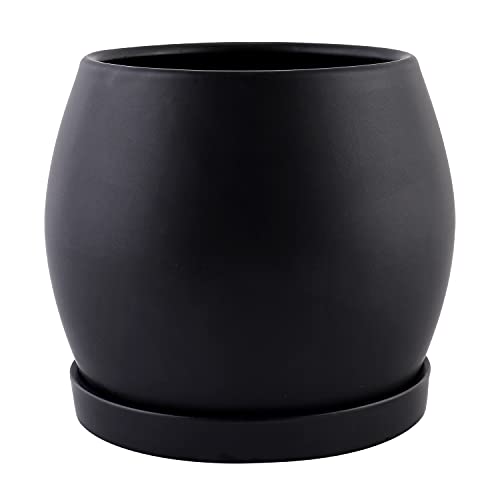 UMIAMOY 13cm 円形セラミックプランター植木鉢 - 排水穴とソーサー付きセラミックプランターポット - モダンな装飾的な屋内植木鉢 ブラック