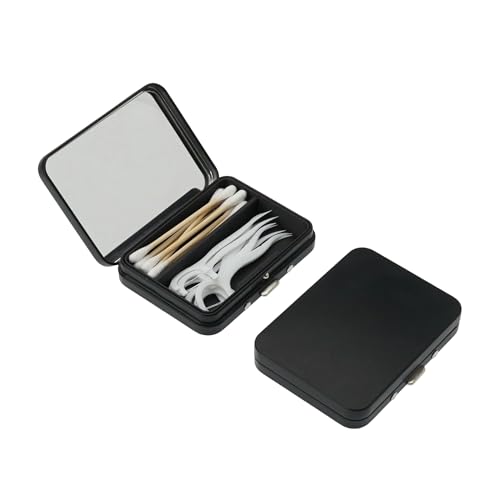 LIGHUFEIC 2Pack 2-in-1 Dental Floss & Cotton Swab Cases with Mirror - Portable & Refillable Floss Pick Holders, Gum Container Metal Tin Box Case for Q-tip,Cotton Swab (Black)