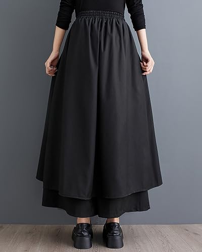 ellazhu Women's Skirt Pants Solid Elastic Waist Two Side Pockets Asymmetrical Hem Casual Baggy Loose GZ430 A3