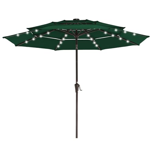 Image of JEAREY 3 Tiers Patio Umbrella with Solar Lights 9ft Outdoor Market Table Umbrellas with Push Button Tilt for Outside Pool Garden, Dark Green