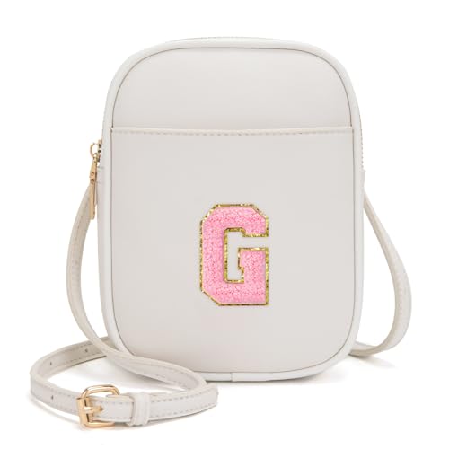 Toddler Purse Initial Crossbody Bags for Girls 3 Pockets PU Leather Cross Body Bag Crossbody Purse Handbag Personalized Gifts for Teen Girls Preppy Cute Stuff (Beige G)