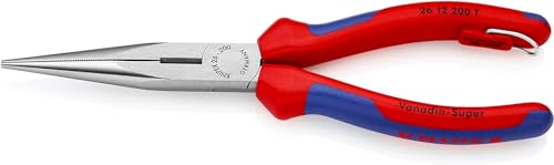 KNIPEX Flachrundzange mit Schneide (Storchschnabelzange) mit Mehrkomponenten-Hüllen, mit integrierter Befestigungsöse zum Anbringen einer Absturzsicherung schwarz atramentiert 200 mm 26 12 200 T BK