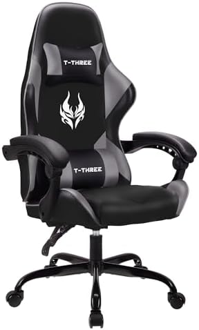 T-THREE.Ergonomic high-back gaming, computer, office, study, swivel, and racing-style chair with adjustable lumbar and headrest support, 150kg weight capacity, ideal for home office(Gray)
