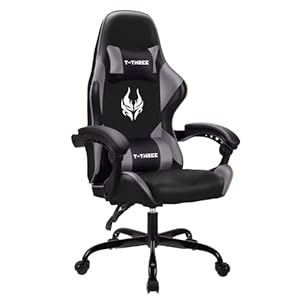 T-THREE.Ergonomic high-back gaming, computer, office, study, swivel, and racing-style chair with adjustable lumbar and headrest support, 150kg weight capacity, ideal for home office(Gray)
