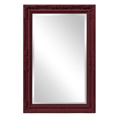 Image of Howard Elliott Collection Queen Ann Rectangular Glossy Burgundy Wall Mirror, Rectangle Hanging Wood Framed Vanity Mirrors for Home Decor, Living Room, Bathroom, Bedroom, or Hallway, 24 x 36 Inch