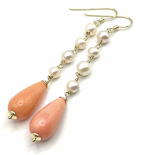 Boucles d'oreilles corail rose perles d'eau douce pendantes vermeil - 6