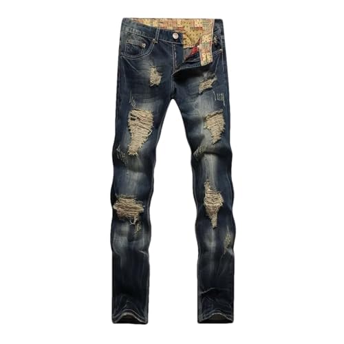 Hndudnff Men's Casual Ripped Jeans Slim Fit Distressed Straight High Street Long Denim Pants