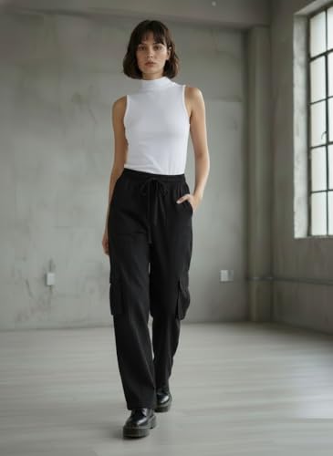 Image of SMOWKLY Women's Casual Cargo Pant| Baggy Fit Multi Pocket Streetwear Pants | High Waist Cargo Trousers | Stretchable Cotton Blend Utility Pants for Women |Office & Casual Wear