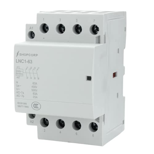 Shopcorp 4 Pole Contactor 220v Coil Normally Open 63 amp IEC 400V AC Contactor with 220/240VAC Coil - Motor Load 40A and Lighting Load 60A (Silent Operation) | with Mounting Base for DIN Rail