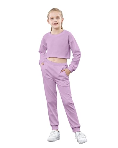 Image of Betusline Girls 2 Piece Outfits Girls Cropped Sweatsuit Pants Outfit Clothes Set, 4T-14 Years