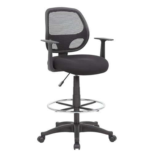 Benzara Lem Swivel Office Stool with T Arms, Footring, Black Linear Mesh Back