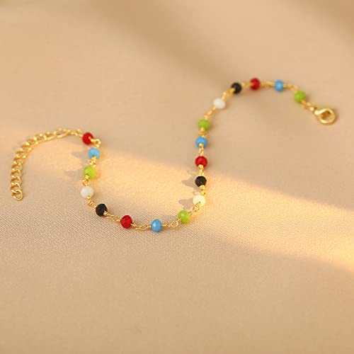 Image of Womens Dainty Gold Chain Bracelet,Simple Layered Chain Bracelets,Beaded Turquoise Bracelet,Charm Crystal Bar,Heart,Karma,Triangle,Pearl Bracelets for Women