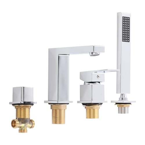 JAYEUW Robinet de baignoire 4 trous avec douchette à main, dévidoir et interrupteur mélangeur (argenté)