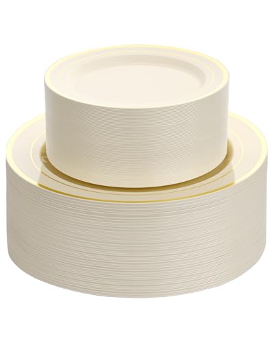 Image of Goodluck 200 PCS Ivory and Gold Plastic Plates Heavy Duty Disposable