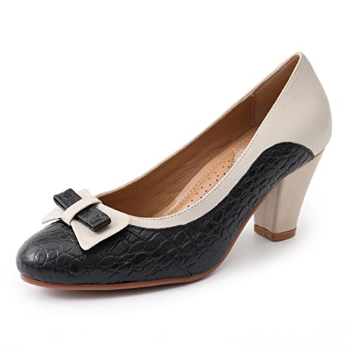 Mona flying Leather Mid Chunky Pumps Elegant Women Slip On Classic Comfortable Elegant Handmade Work Shoes