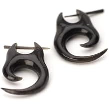 81stgeneration Pair of Tribal Horn Fang Pin Earrings for Women Handmade Organic Black Fake Gauge Earrings for Men - Tooth-Shaped Spiral Stick Earrings - Natural Boho Balinese Jewelry