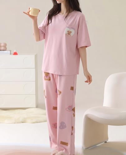 Image of Women's 2-Piece Pajama Set - Short Sleeve Top & Pants Lounge Set, Soft Breathable Sleepwear Night Suit for Women