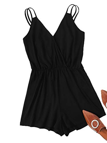 Milumia Women's Plus Size Cami Romper Wrap V Neck Spaghetti Straps Casual Short Jumpsuit Black X-Large Plus #TOP2