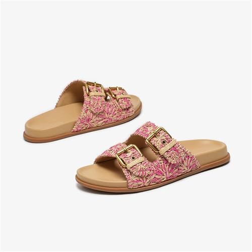 Women's Straw Metal Buckle Slippers - Bohemian Plant Pattern Beach Flats3