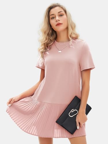 Image of EXLURA Womens Summer Casual Short Sleeve Dress Crewneck Tshirt Dresses Pleated Aline Mini Dress 2025 Vacation Beach Sundress