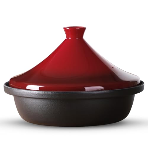 Moroccan Tagine for Culinary Arts: Enameled Cast Iron Cooking Pot, Slow Cooker, Traditional Kitchenware, Tajine with Ceramic Cone Lid, 3.3 QT, Elegant Red