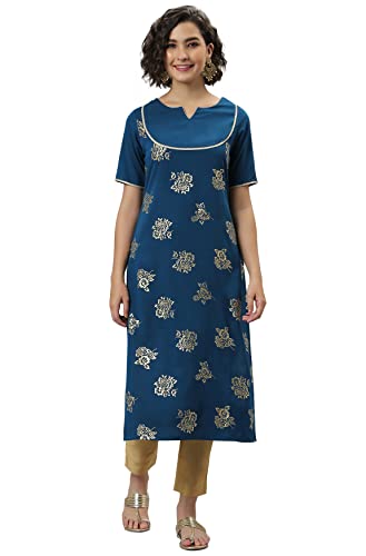 Image of Janasya Women's Teal Gold Printed Poly Crepe Kurta