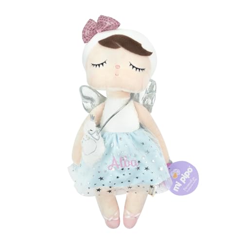 Mi Pipo - Boneca de pano personalizada MeToo | Boneca de pano bebé personalizada com nome bordado | material poliéster, de 40 cm | presente bebé fácil de lavar e confortável, anjo azul