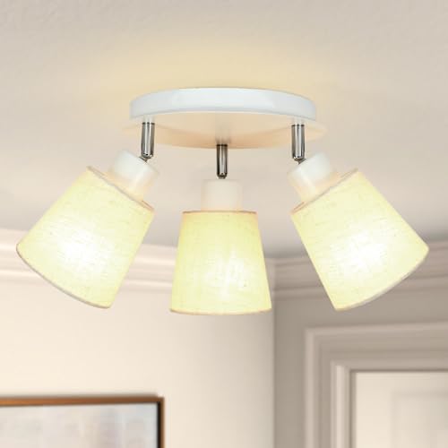3-Light Ceiling Light Fixture, Directional Spotlight w/Linen Shade, White Modern Spot Track Lighting Indoor for Kitchen, Study Room, Rental House, E26 Base (Bulbs Not Included)