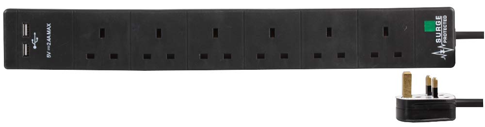 Pro Elec Black 6 Gang Surge Protected Extension Lead With Usb, 3M,