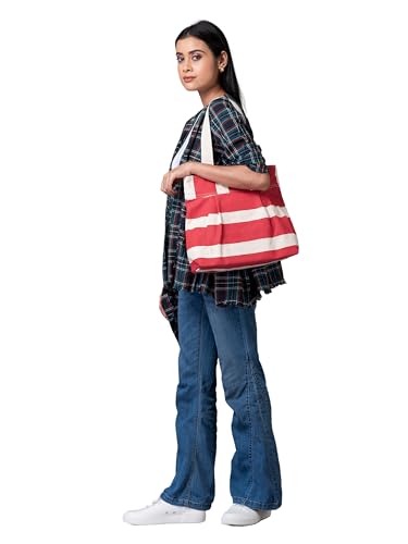 Image of AQVA Striped Cotton Canvas Shoulder Tote Bag for Women with Sturdy Strap Multipurpose Handbag with Zip Closure for Travelling, Shopping and Work