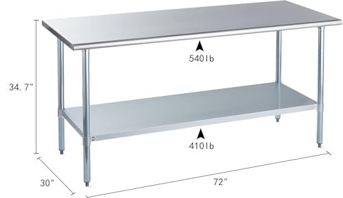 Image of ROCKPOINT Stainless Steel Table for Prep & Work 30x72 Inches, NSF Metal Commercial Kitchen Heavy Duty Table with Adjustable Under Shelf and Table Foot for Restaurant, Home and Hotel, Silver